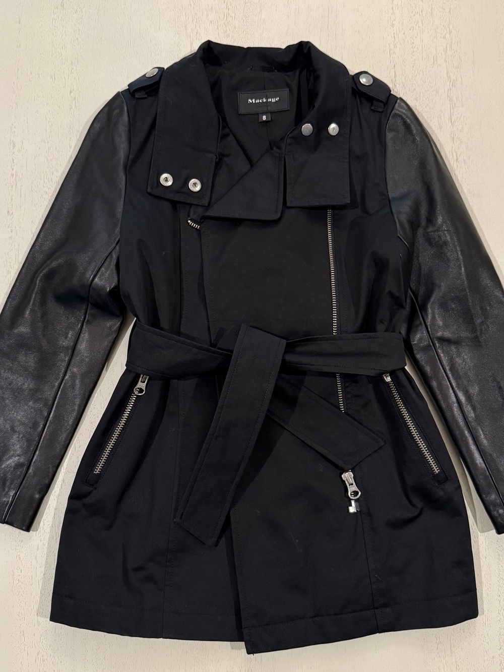 Mackage Black Mixed-Media Leather-Sleeve Trench Coat
